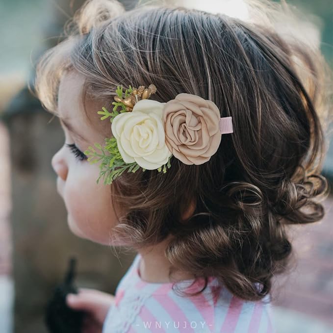 3pcs Girls Flower Hair Clips, Floral Hair Barrettes w/Boutique Fully Lined Alligator, Hair Bows for Baby Newborn Toddler
