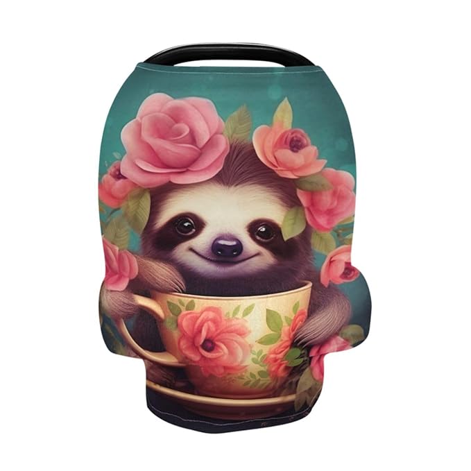 Baby Car Seat Covers Cute Sloth Stretchy Breastfeeding Scarf Breathable Infant Carseat Canopy Nursing Covers Multi Use for Stroller High Chair Shopping Cart Boys and Girls