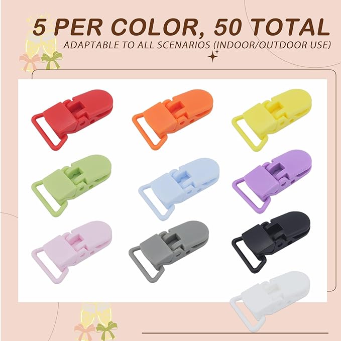 50-Pack Pacifier Clip Replacement Ends - BPA-Free Plastic Fasteners for DIY Baby Crafts, Sewing Bibs & Blankets Straps (10 Color)