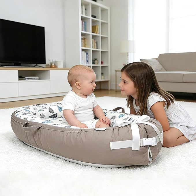 Infant Support Cushion | Baby Support Cushion for Newborn | Reversible, Adjustable & Portable Tummy Time Mat for Home and Travel | Soft, Breathable, Washable Cover | Grey Leaves