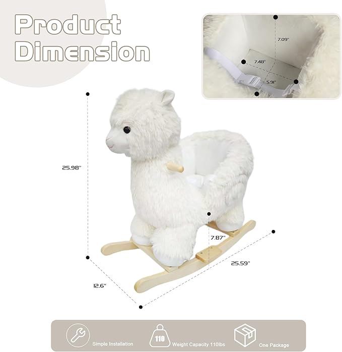 Alpaca Baby Rocking Horse for Toddlers 1 Years to 3 Years, Stuffed Plush Ride-on Rocking Animal with Realistic Sound and Music, Wooden Rocking Horse with Seat, Cream Alpaca, CPC Certified