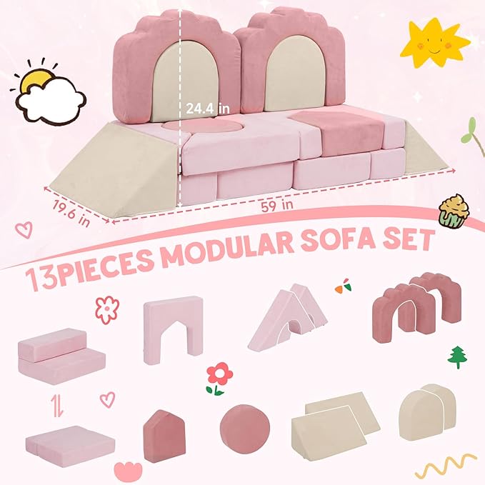 13 Pieces Foam Climbing Blocks for Toddlers|Floral Baby Soft Play Gym,Kids Indoor Crawing Climbers & Play Structures for Bedroom,Livingroom & Playroom,Pink & Beige