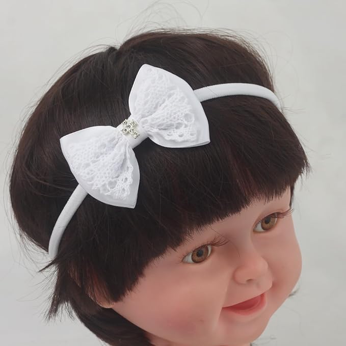 Nihao Baby Off White Lace Bow Small Baptism Headband for Baby Girls -2 PCS