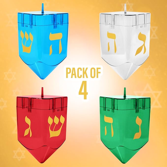 Large Fillable Dreidels for Hanukkah, Pack of 4 Plastic Dreidels Bulk, Assorted Colors Large Dreidels That Bring Joy and Tradition to Every Celebration