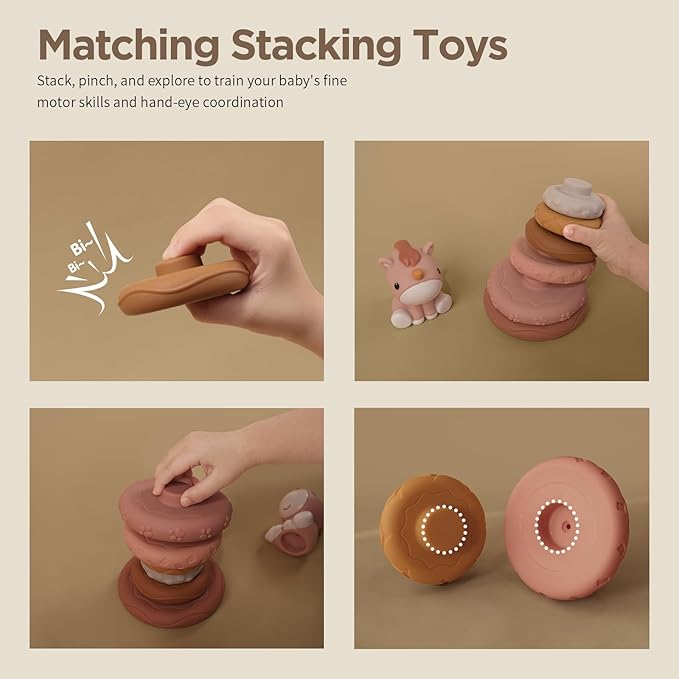 Nueplay Stacking Rings Toy for Baby Girls with Unicorn Topper – 6 Textured Sensory Rings, Squeaky Stacker Set in Pastel Colors, Gifts for 1 Year Old Girls, Baby Shower & Birthday Present