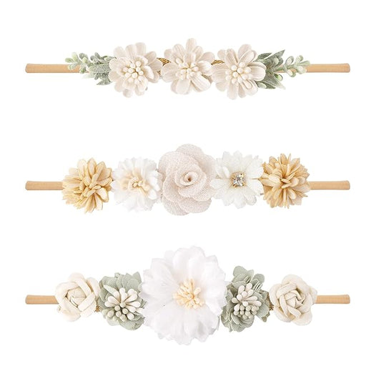 Baby Girl Floral Headband Nylon Flower Crown Elastic Hairband 3pcs Hair Accessories Gift for Girls (32#)