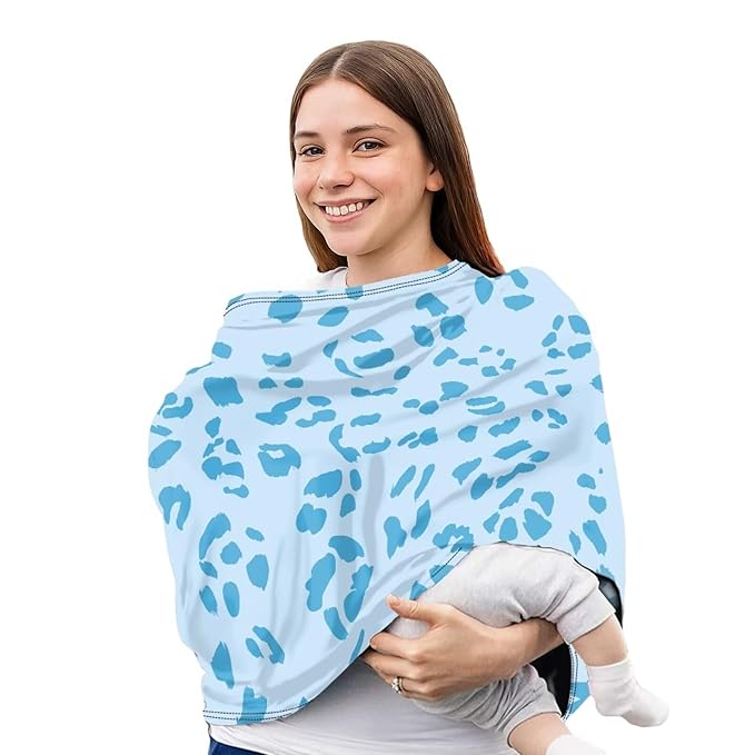 Forchrinse Blue Leopard Print Baby Car Seat Cover Girls Boys Breastfeeding Nursing Cover Soft Stretchy Multi Use Cover for Shopping Cart/High Chair/Stroller