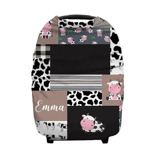 Personalized Cow Plaid Baby Car Seat Covers with Name, Custom Cow Stripes Nursing Cover Breastfeeding for Babies, Carseat Canopy for Boys and Girls, Infant Stroller Cover, Breathable Carseats Cover