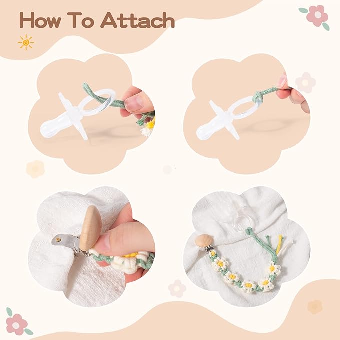 Pacifier Clip for Boys Girls Floral Daisy Macrame Paci Clip Pacifier Holder Leash Boho Wooden Clips Handmade Braided Cotton Unisex Baby Shower Birthday Gift