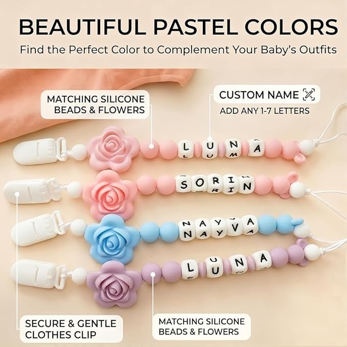 Personalized Pacifier Clip with Name Custom Pacifier Holder with Name Newborn Baby Gift Sets (Flower)
