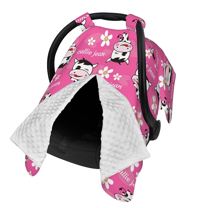 Personalized Naughty Cow and Flower Pink Baby Infant Car Seats Canopy for Babies with Name, Custom Car Seat Covers for Baby Girls, Peekaboo Minky Nursing Breastfeeding Stroller Canopies for Newborn