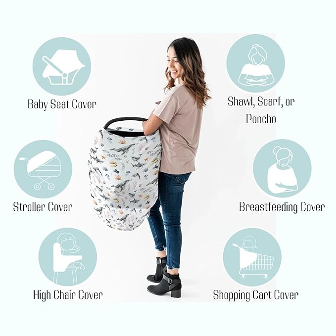 Baby Boys 5-in-1 Car Seat Covers Under Water Sea Animals, Ocean Creature Whale Fish Multi-use Privacy Nursing Breastfeeding Cover, Marine Life Carseat Canopy Carrier Newborn Infant Shower Gift