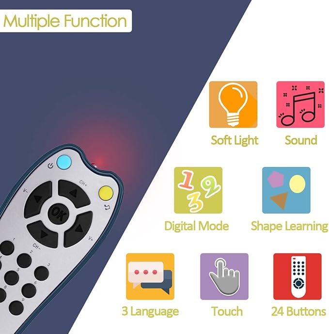 Baby Realistic TV Remote Control Toy with Light and Sound, Upgrade Adjustable Volume, Early Educational Musical Toys with 3 Language English,French and Spanish Gift Toy for 3+ Months Boys or Girls