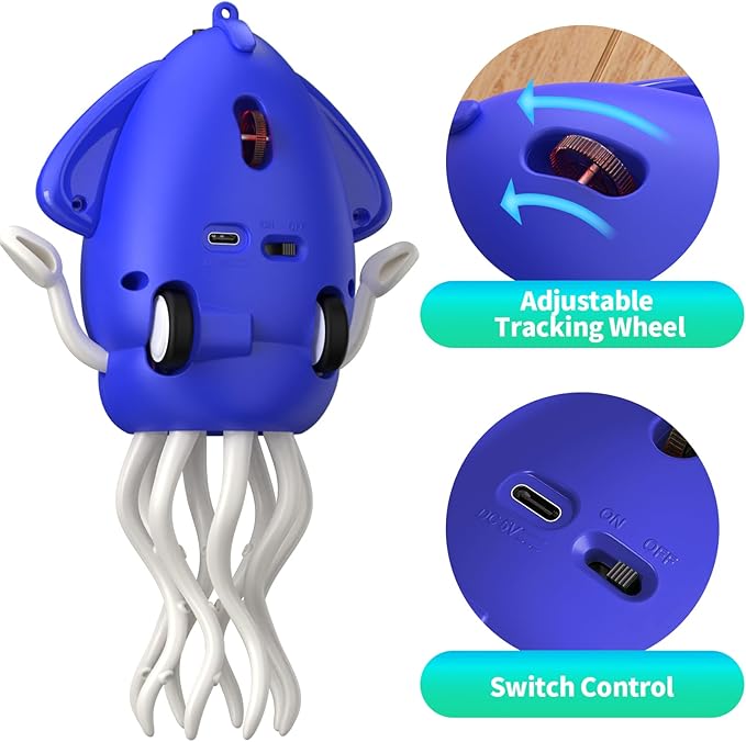 Interactive Dancing Octopus Toy,LED Light-Up Music Crawling Squid with Smart Obstacle Avoidance & Fishing Rod,Tummy Time Baby Toy (Blue)