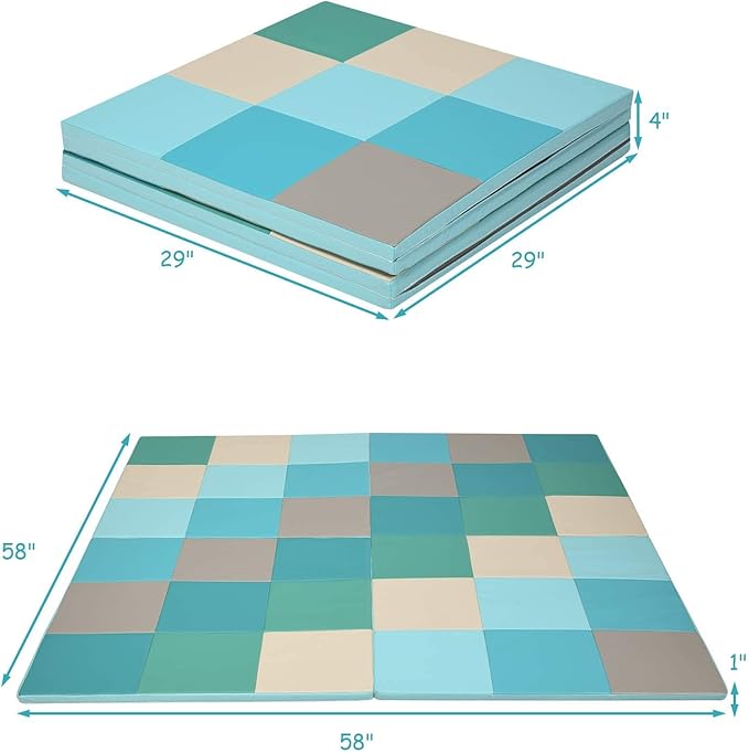 OLAKIDS Baby Foam Play Mat, Foldable 58'' x 58'' Toddler Collapsible Crawl Floor Mat, Waterproof Soft Thick Patchwork Play Mat for Kids Gym Nursery Playroom (Blue)
