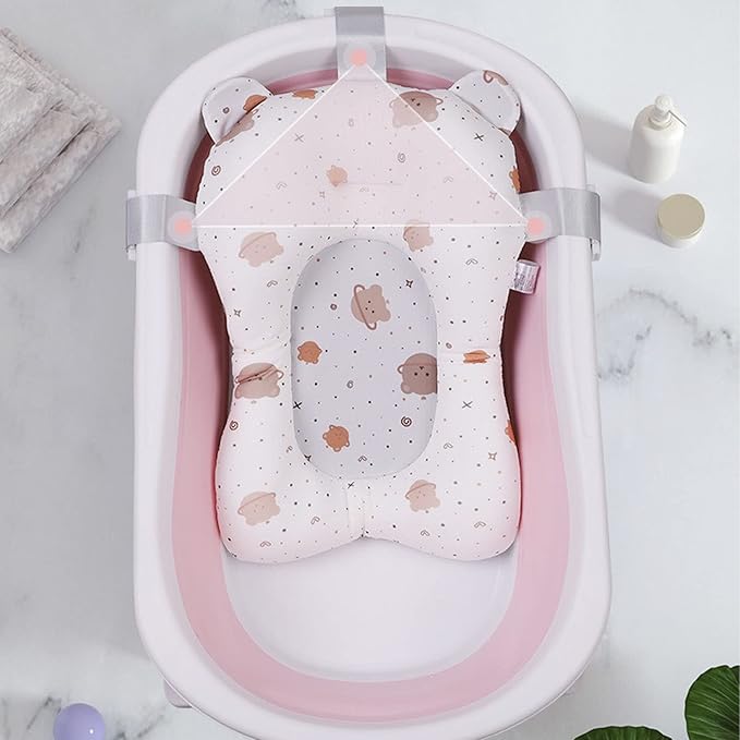 Soft Baby Bath Mat for Newborn, Quick-Dry Bath Cushion with Support Pillow for Safe Comfortable Bath Time, White