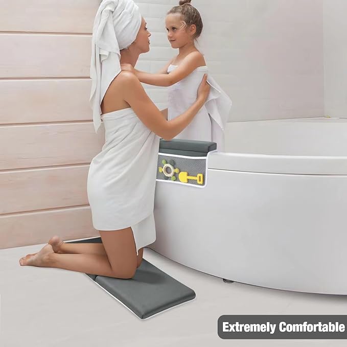 PandaEar Baby Bath Kneeler and Elbow Rest Set - Extra Thick Memory Foam Bathtub Kneeling Pad with Mesh Storage Pockets - Non-Slip, Waterproof Knee Cushion for Bathing Newborns & Toddlers - Dark Grey