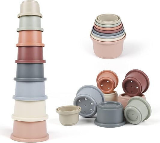 Baby Stacking Cups, Montessori Bath Toy for Toddlers 1-3, 8PCS Stackable Cups with Number Nesting Cups for Babies 6-12 Months, Early Educational Bath Outdoor Sensory Gift for 2-4 Years Old Boys Girls