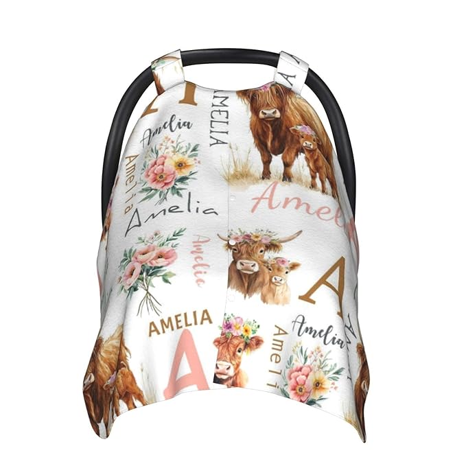 Personalized Highland Cattle Baby Car Seat Canopy for Girls, Custom Name Baby Carseats Cover, Multi-use Nursing Breastfeeding Scarf for Infant Newborn, Cute Cow Strollers Carseat Canopies