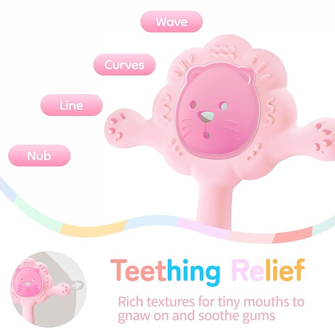 Lion Baby Teething Toy with Rattle, Food-Grade Silicone Montessori Sensory Toy for Babies 0-6 6-12 18 Months, BPA-Free Infant Sore Gum Relief & Motor Skills Development - Pink