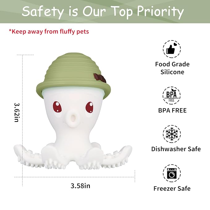 Mombella Octopus Teether for Babies 3 Months Up, Soft Silicone Infant Teething Toy, Functional Baby Chew to Soothe Sore Gums, BPA Free, Grass Green