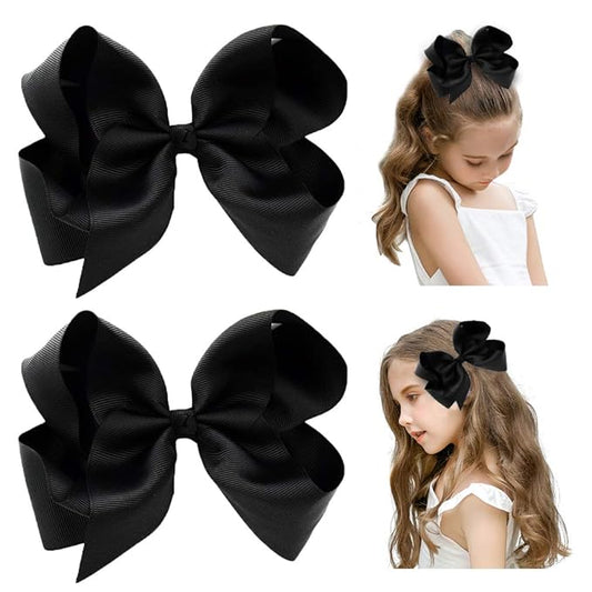 DEEKA 2 PCS 6" Big Hand-made Grosgrain Ribbon Solid Color Hair Bows Alligator Clips Hair Accessories for Little Teen Toddler Girls Kids Set of 2 -Black