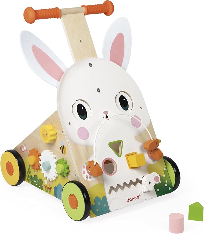 Janod - Farm Multi-Activity Trolley - Wooden Push Cart - 9 Activities - Patented Brake System and Silent Wheels - Developmental Toy for Children - From 12 Months - J03326