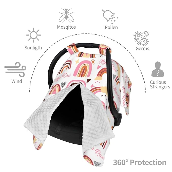Personalized Baby Car Seat Canopy with Name, Colorful Rainbow Nursing Cover & Infant Car Seat Canopy, Shower Gift for Newborn Baby Girls