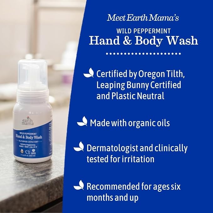 Earth Mama Wild Peppermint Hand & Body Wash | Foaming Castile Soap Liquid and Hand Soap, Made with Organic Wild Mint & Peppermint Oil, 5.3 fl oz (2-Pack)