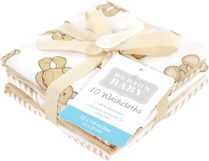 Hudson Baby Unisex Baby Flannel Cotton Washcloths, Teddy Bears 10 Pack, One Size
