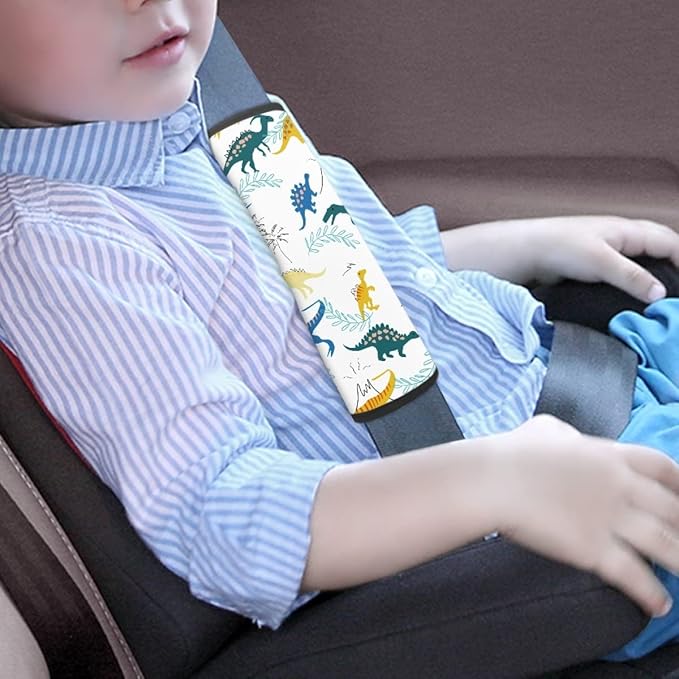 ENLACHIC Baby Car Seat Belt Cover, Cute Dinosaur Print Car Seat Shoulder Strap Pads, Infant Car Seat Cushion Safety Seatbelt Protector for Kids Boys Girls,Dinosaur Leaf