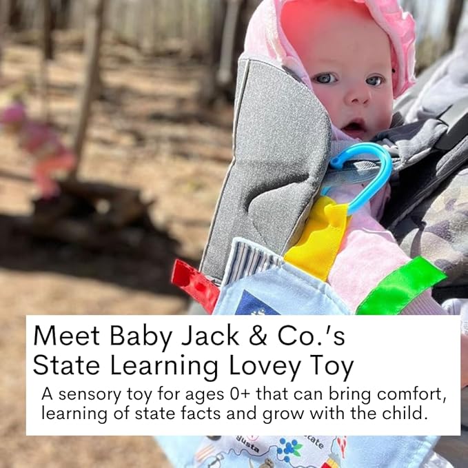 Baby Jack & Co 8x8” Learning Lovey Colorado State Tag Stroller Toy for Babies - Crinkle Toys for Developing Five Senses - Learn About Capitals - Travel with Baby Jack - BPA Free Clip