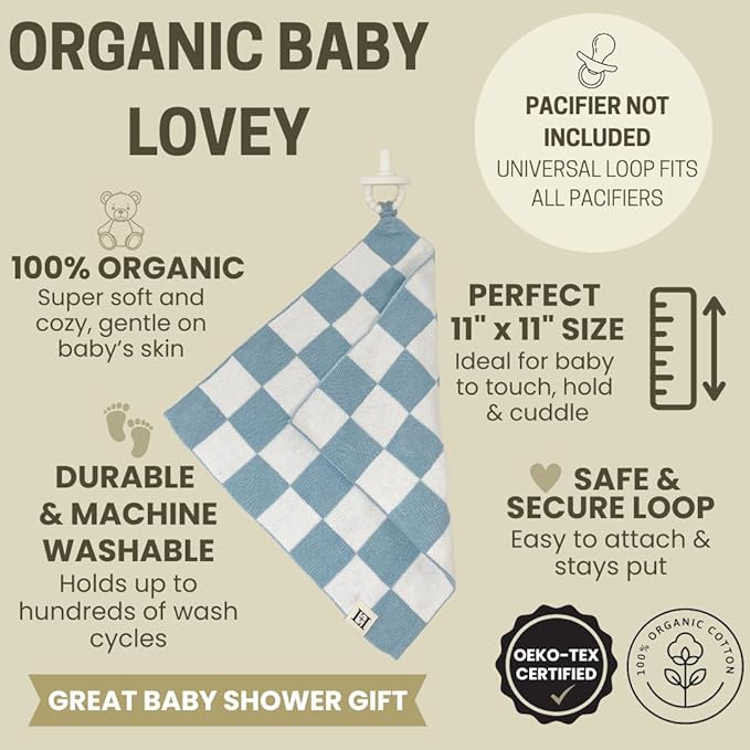 L+L USA Checkered Baby Lovey 100% Organic Cotton Knit Pacifier/Teether Holder 11"x11" - DreamSoft Cuddly Soothie Mini Comfort Blanket - Newborn Gift Essential Babies, Toddlers Boys Girls (Blue/White)