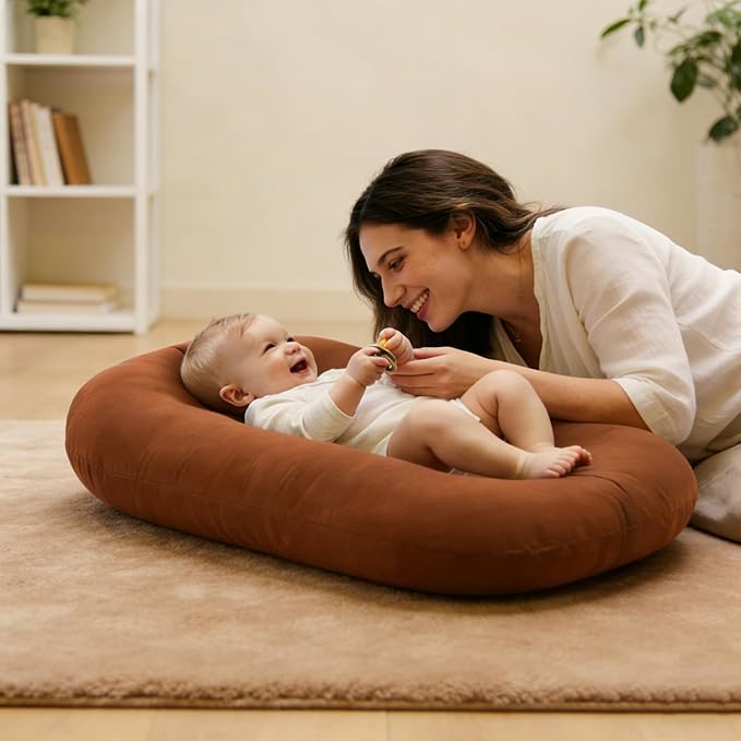 Baby Lounger 0-24 Months 100% Cotton-Snuggle Cozy Me Lounger,Soft & Breathable Baby Lounger for Newborn Play Mat,Infant Babies Essentials Gifts,Coffee(Lounger Cover Included)