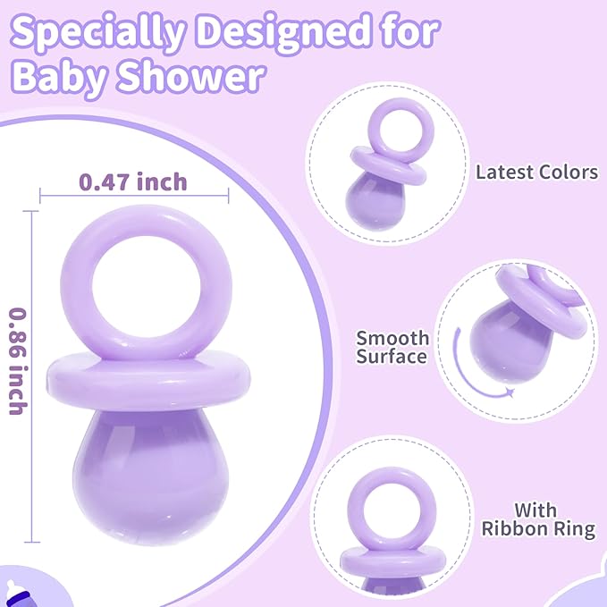 Baby Shower Pacifiers, 150 Mini Pacifiers for Baby Shower, Cute Plastic Pacifiers for Baby Shower Game, Decoration DIY, Gender Reveal Party Table Scatter/Baby Shower Party Favors (Purple)