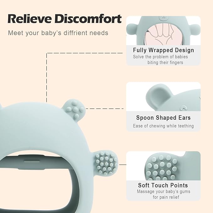 Silicone Baby Teether Toy for Infants 3+ Months, Anti-Drop Silicone Baby Mitten Teether for Soothing Teething Pain Relief, Baby Chew Toys for Sucking Needs, BPA Free, Moody Blue
