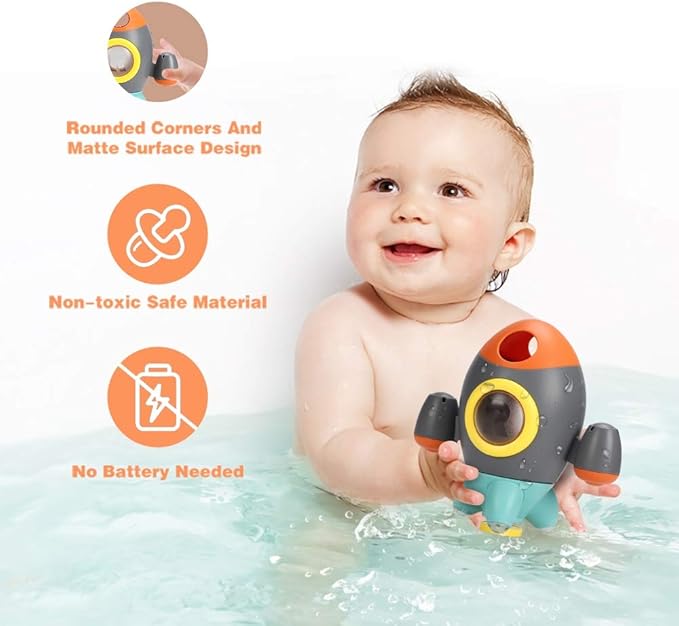 Elovien Baby Bath Toys, Space Rocket Shape Bathtub Toys for Toddlers, Spray Water Toys w/ Rotating Fountain, Bathroom Shower Toys for Infants Aged 18 Months 2 3 4 5 Years Old Kids Girls Boys