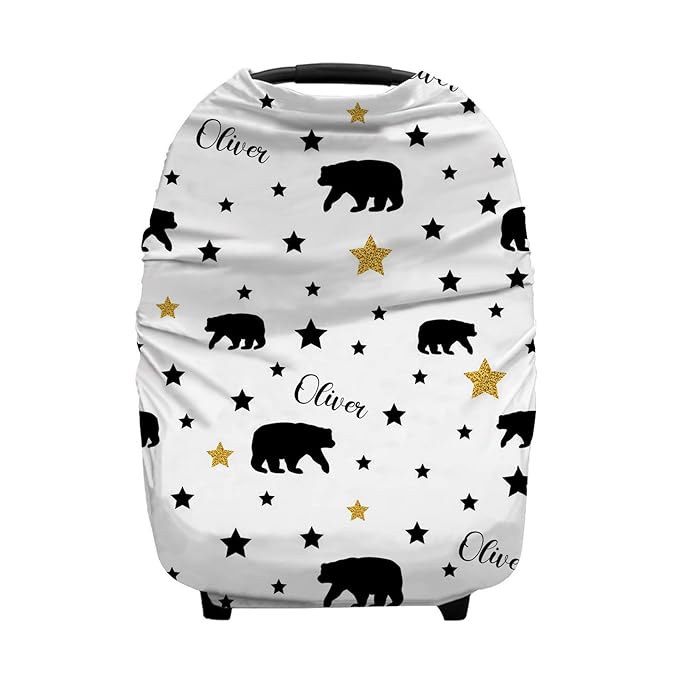 Personalized Black Bear Baby Car Seat Covers with Name, Custom Nursing Cover Breastfeeding for Babies, Carseat Canopy for Boys and Girls, Infant Stroller Cover, Breathable Carseats Cover