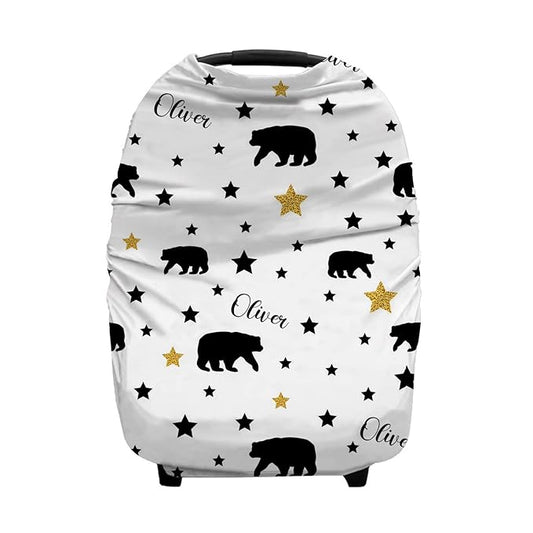 Personalized Black Bear Baby Car Seat Covers with Name, Custom Nursing Cover Breastfeeding for Babies, Carseat Canopy for Boys and Girls, Infant Stroller Cover, Breathable Carseats Cover