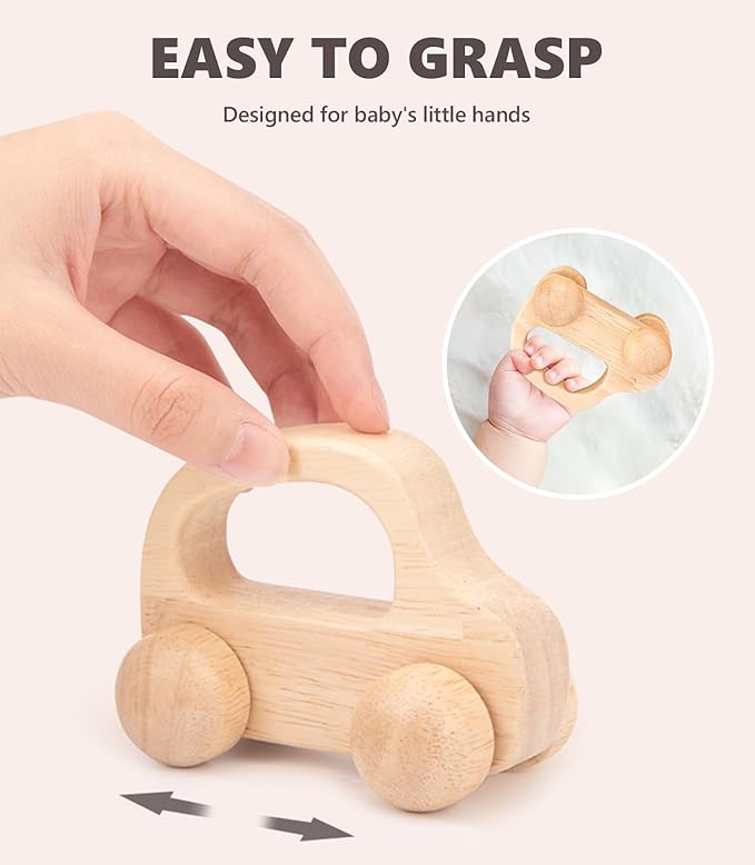 2 PCS Wooden Baby Car Toys for Toddlers 1-3 Years Old, Montessori Wooden Cars for Babies 0-6-12 Months, Neutral Wood Car Toys for Boys, Baby Nursery Decor, Early Learning Kids Wood Toys