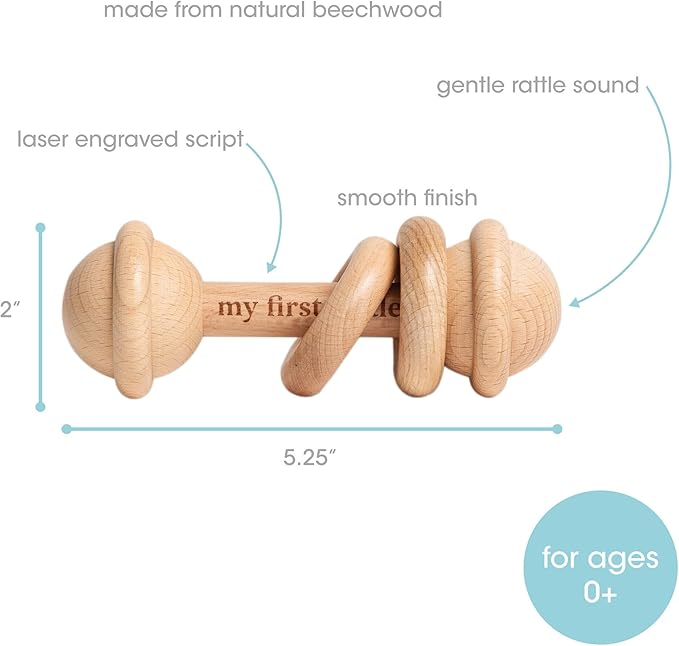 Pearhead Wooden Baby Rattle & Teether – Laser-Engraved Keepsake, Natural Beechwood, Montessori Sensory Toy Develops Fine Motor Skills & Hand-Eye Coordination, Newborn Gift, 0+ Months