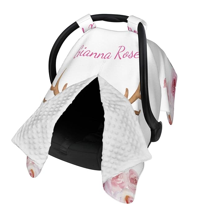 Personalized Baby Car Seat Canopy with Name – Custom Floral Antler Minky Nursing Cover for Girls, Soft Stroller Cover for Infants & Newborns, Carseat Canopy for Breastfeeding