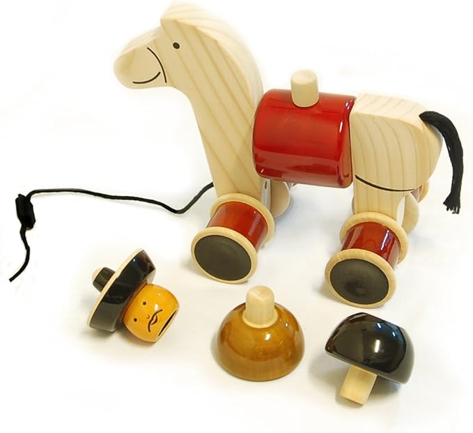 Maya Organic Handmade Wooden Stacker & Pull Toy Rodeo with Galloping Motion, Made Using Natural Colors for Toddlers 18 Months Old and up, Helps in Early Education and Development | HEE HAW