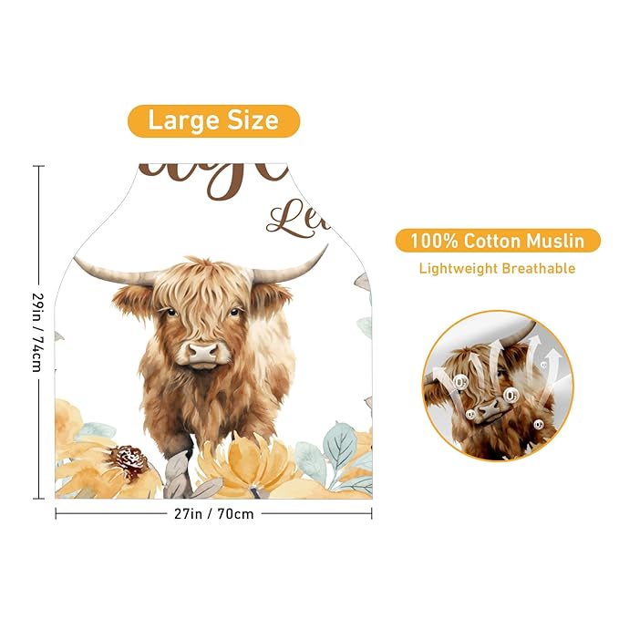 Custom Name Car Seat Canopy - Baby Car Seat Covers, Infant Stroller Cover, Carseat Canopy Christmas Birthday Gifts for Girls and Boys Yellow Highland Cow Print (27"x29")