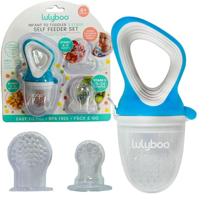 Lulyboo Baby Self-Feeding Feeder with 3-Stage Silicone Nipples | BPA-Free, Mess-Free Mesh Pouch, Ergonomic Handle for Toddler and Infant, Teething Aid, Introduces Fruits & Purees, Easy to Clean