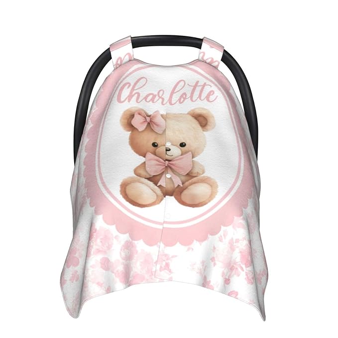 Bear with Pink Bow Custom Name Baby Car Seat Cover – Personalized Nursing Cover for Breastfeeding, Stroller Canopy, Privacy Infant Carseat Canopy, Soft Breathable Newborn Blanket for Girls
