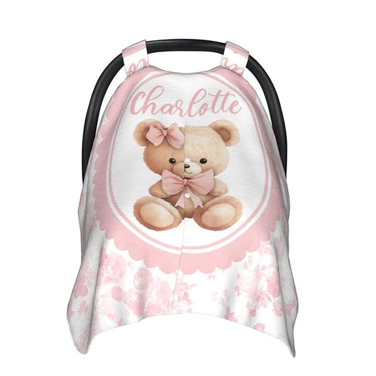Bear with Pink Bow Custom Name Baby Car Seat Cover – Personalized Nursing Cover for Breastfeeding, Stroller Canopy, Privacy Infant Carseat Canopy, Soft Breathable Newborn Blanket for Girls