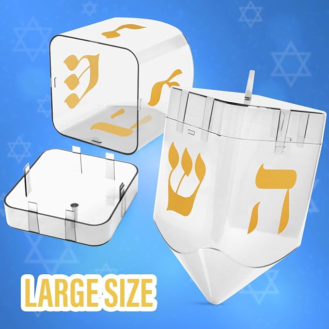 Large Fillable Dreidels for Hanukkah, Pack of 4 Plastic Dreidels Bulk, Clear Large Dreidels That Bring Joy and Tradition to Every Celebration