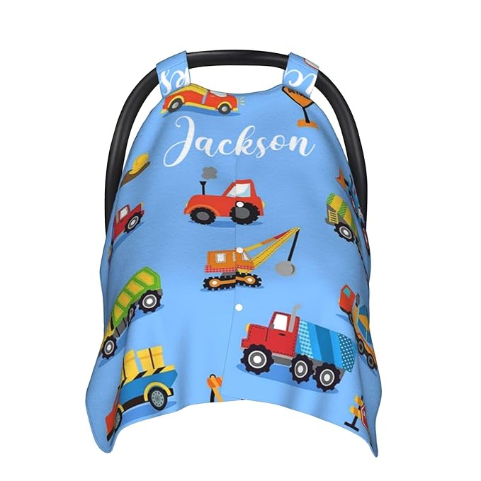 Custom Baby Car Seat Canopy for Babies with Name, Personalized Construction Truck Baby Car Seats Covers for Boys, Opening Minky Nursing Breastfeeding Stroller Cover Infant Carseat Canopies for Newborn