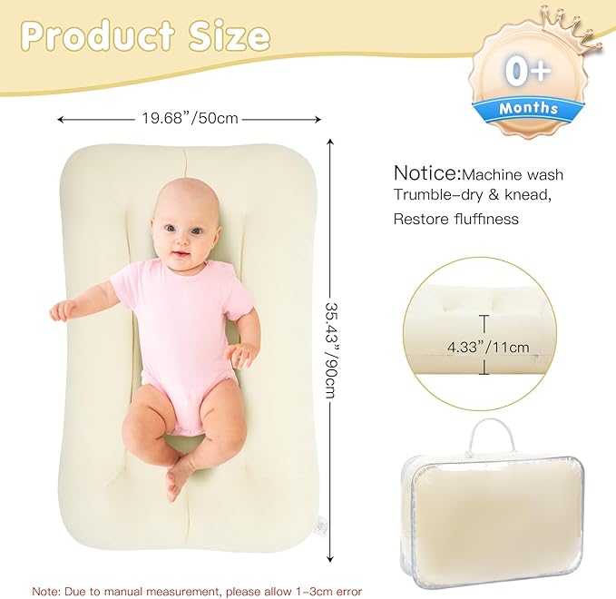Lucakuins Baby Lounger for Newborn, 0-24 Months, Bionic Design Infant Lounger for Home and Travel, Soft Organic Cotton, Newborn Babies Essentials Gifts (Pure White Baby Lounger)